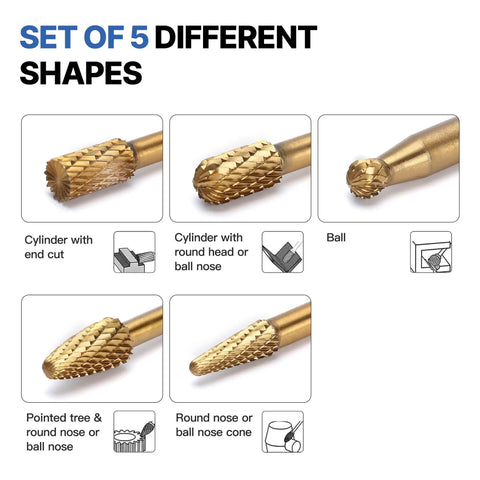 5 Piece Carbide Burr Set With One Quarter Inch Shank Die Grinder Bits For Rotary Tools Attachment Kit With 5 different shapes
