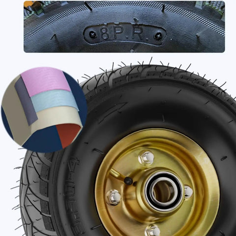 Close-up of 8 Inch Ball Bearing Pneumatic Wheels Swivel Castors With Rugged Rubber Tread showing 8PR marking and tire construction.