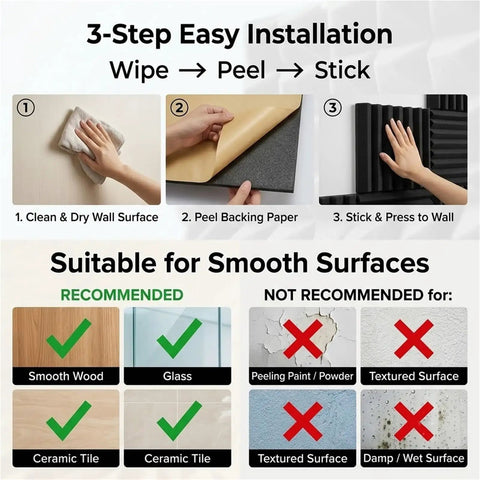 3-step installation guide for Heavy Duty Soundproof Wedge Foam Wall Panels For Home Studio Acoustic Treatments.