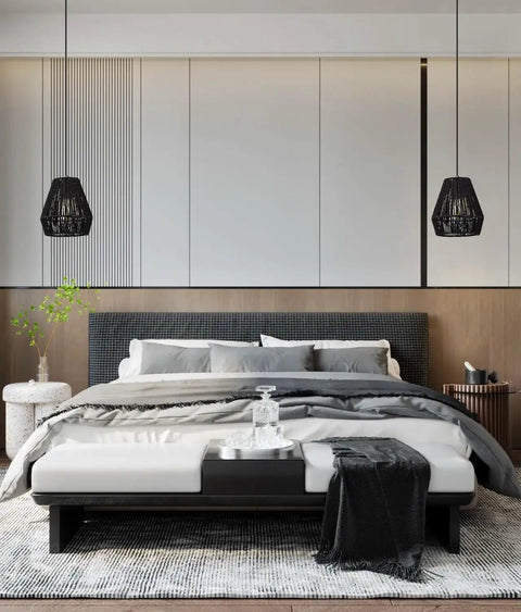Black Rattan Pendant Lights 7 Inch Modern Woven Fixtures Farmhouse Coastal Handwoven Lamp Shade Boho Chic Hanging Light For Kitchen Island Bedroom Living Room Hallway 2 Pack above bed