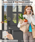 Woman using keyless entry door lock with code and voice guidance electronic keypad deadbolt auto lock anti peep password.