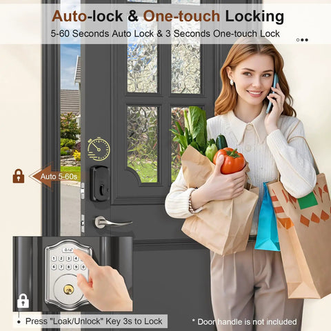 Woman using keyless entry door lock with code and voice guidance electronic keypad deadbolt auto lock anti peep password.