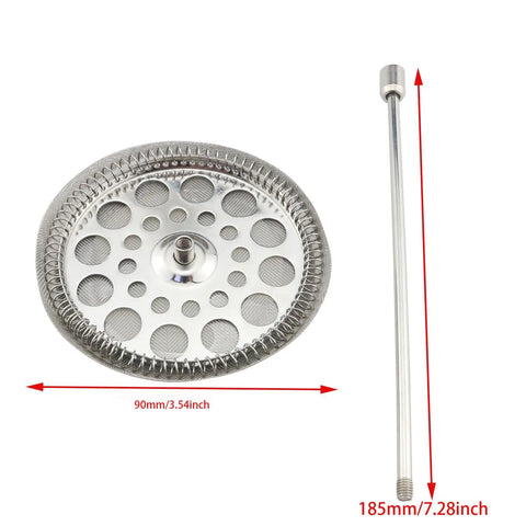 Premium Stainless Steel French Press Plunger Filter Replacement For 34oz Coffee Maker showing flat circular filter and plunger rod.