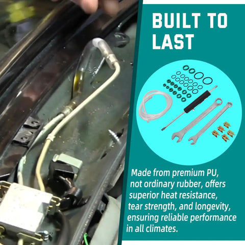 Hydraulic Roof Repair Seal Kit For Mercedes Benz SL R129 All Models 1990 2002 With Wrench Screwdriver Sealing Tube And 5 Line Clip Plugs To Stop Leaks And Keep Lines Tight, showing installation process.
