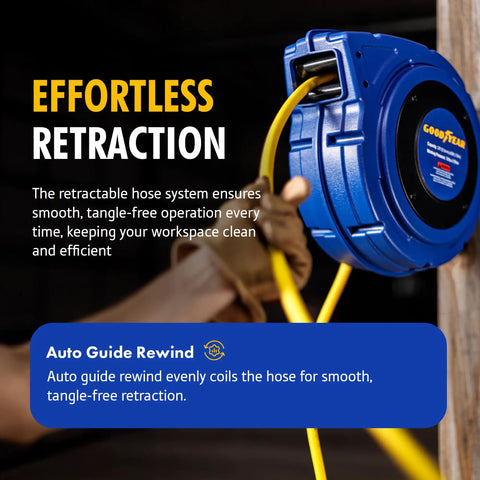 Professional Grade Retractable Air Hose Reel Featuring 3/8 Inch By 50 Foot Hybrid Polymer Tubing With 300 Psi Pressure Capacity, showing tangle-free retraction.