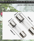 24 Value Glass Fuse Kit With 180 Pieces Fast Blow 250V Assortment showing 5x20mm and 6x30mm fuses for decor and electronics.