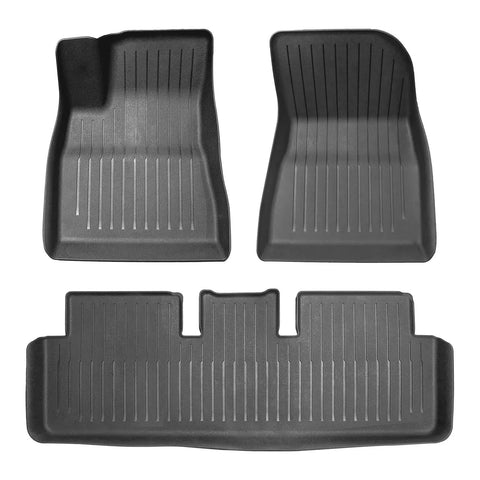 Tough As Nails TPE Floor Mats For Tesla Model 3 Highland 2023 Through 2025, black contoured liners showing anti-slip design.
