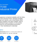 Zebra ZT220 Industrial Printer, 4-inch wide, 203 DPI output, featuring USB, Serial, Ethernet connections for high volume packing.