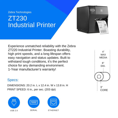 Zebra ZT220 Industrial Printer, 4-inch wide, 203 DPI output, featuring USB, Serial, Ethernet connections for high volume packing.