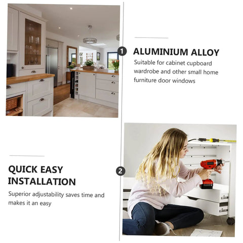 Kitchen with aluminum cabinets and woman installing cabinet with drill, illustrating heavy duty aluminum window hinge casement hardware for home decor accessories delivers smooth operation and quick installation in tight spaces built to last and great for DIY projects and contractors.