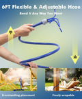 Person bending a 6FT adjustable hose of an Adjustable Outdoor Standing Misters For Patio Cooling With Four Directional Nozzles. Images of misting on patio.