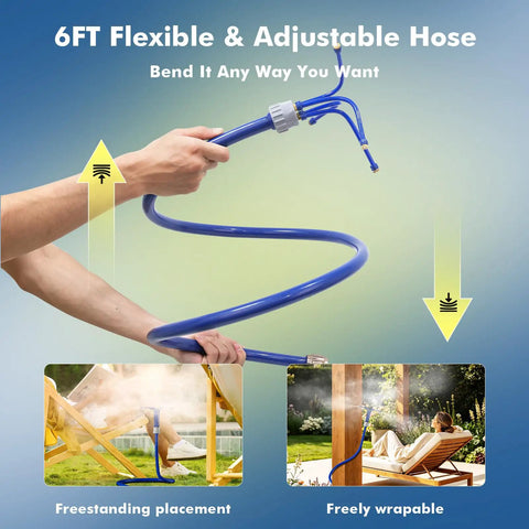Person bending a 6FT adjustable hose of an Adjustable Outdoor Standing Misters For Patio Cooling With Four Directional Nozzles. Images of misting on patio.