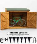 Complete Shed Door Hardware Kit with heavy duty hinges and T-handle lock displayed with a wooden shed and bike inside for context