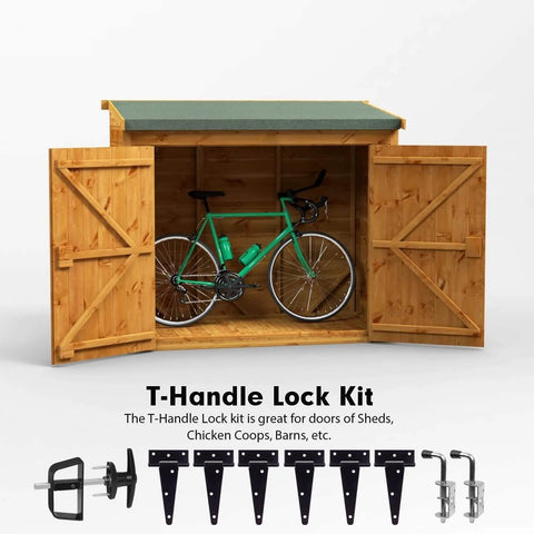 Complete Shed Door Hardware Kit with heavy duty hinges and T-handle lock displayed with a wooden shed and bike inside for context