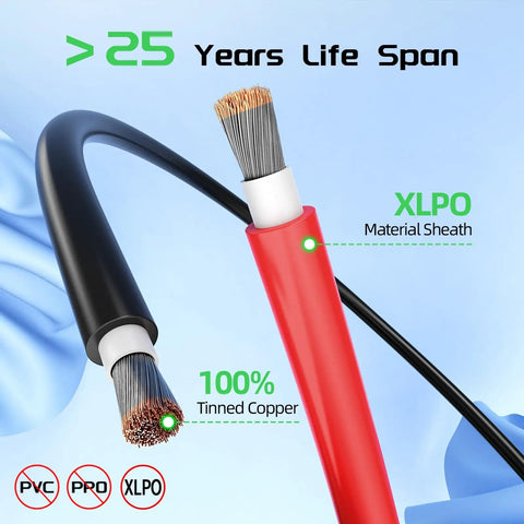 Heavy Duty Solar Panel Wire Set 50 Ft Black And Red 10 AWG PV Tinned Copper Extension Cable showing XLPO sheath and tinned copper