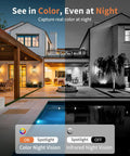 Outdoor view showing a house with lighting demonstrating color night vision on the left and infrared night vision on the right.