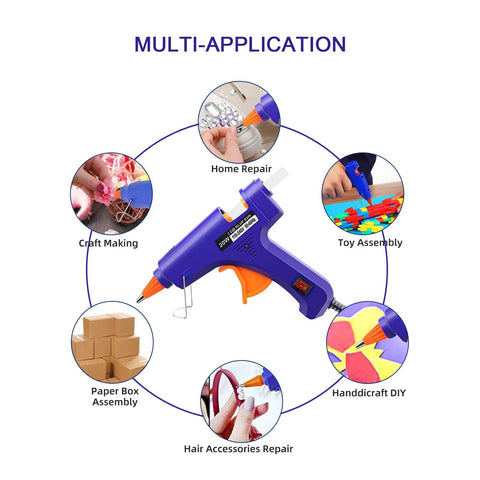Mini Hot Glue Gun Kit With 30 Colorful Sticks For DIY Crafts And Quick Home Repairs, showing multiple applications.