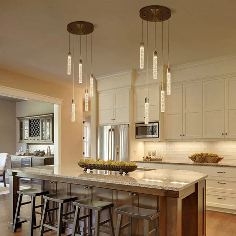 Five Light Kitchen Island Pendant Lights With Dimmable 3000K 4000K 6000K Color Temperature Bubble Crystal Star Accent Brushed Nickel Finish