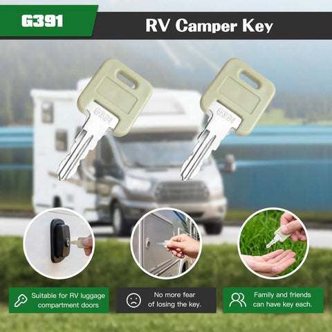 Six Key Set G391 G-391 RV Keys For Motorhome Trailer Camper And Baggage Door Locks shown with camper in background.