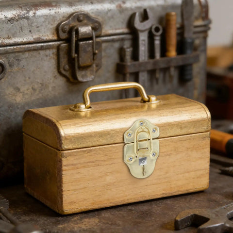 Rock Solid 6-Piece Golden Toolbox Hasp Latch Set Featuring Heavy Duty Toggle Buckles For Wooden Cases Secure Small Gear Storage Hardware on wooden toolbox.