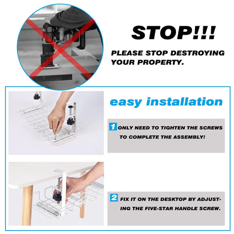 Installation guide for Under Desk Cable Tray Organizer with clamp-on mount, showing setup process and warning against drilling.
