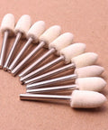 Close-up of 25 Pcs Wool Mounted Mandrel Set With One Eighth Inch Shank Polishing Bits Burrs Buffing Wheels For Rotary Tool Five Size Assortment