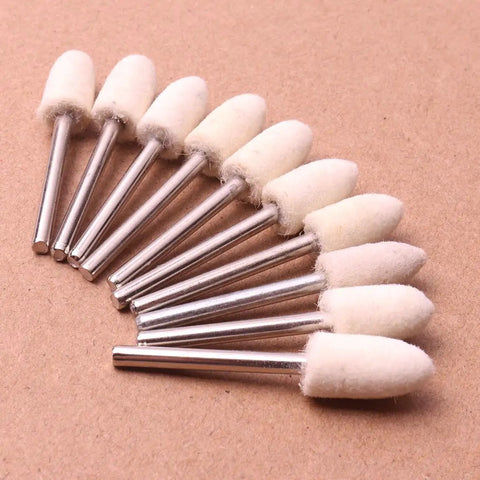 Close-up of 25 Pcs Wool Mounted Mandrel Set With One Eighth Inch Shank Polishing Bits Burrs Buffing Wheels For Rotary Tool Five Size Assortment