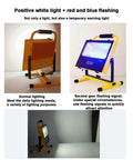 JUDYSSY 60/120 W Portable Led Floodlight showing normal lighting and flashing red-blue mode for emergency use.