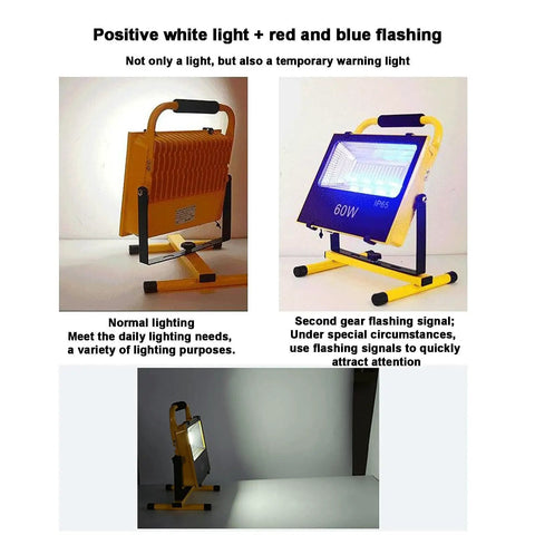 JUDYSSY 60/120 W Portable Led Floodlight showing normal lighting and flashing red-blue mode for emergency use.