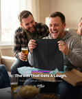 Group of men laughing while one holds a Funny Microfiber Golf Towel With Bag Clip For Men And Dad Gift, Clean My Balls Joke.
