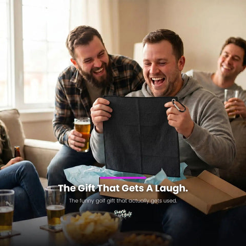 Group of men laughing while one holds a Funny Microfiber Golf Towel With Bag Clip For Men And Dad Gift, Clean My Balls Joke.