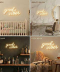 Good Vibes Neon Sign LED Wall Decor With Warm White Glow For Living Room And Weddings Boho Minimalist Modern Farmhouse Backdrops USB Powered 3D Art Gift 16.1x8.3 Inch in various settings.