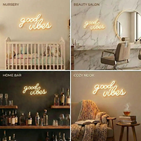 Good Vibes Neon Sign LED Wall Decor With Warm White Glow For Living Room And Weddings Boho Minimalist Modern Farmhouse Backdrops USB Powered 3D Art Gift 16.1x8.3 Inch in various settings.