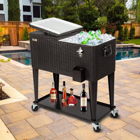 80 Quart Rolling Ice Chest Cooler Cart For Patio And Parties Portable Beverage Bar With Shelf Locking Wheels Bottle Opener