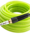 Reinforced Polyurethane 3/8 Inch ID Air Hose, 100 Ft, 300 PSI, green with high flow quick coupler, plug, and bend restrictor