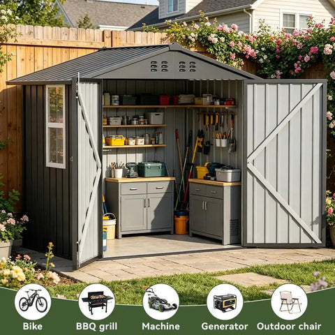 Outdoor Storage Shed With Window Lockable Garden Toolhouse For Backyard Use Ventilated Weather Resistant Durable Galvanized Steel Panels Built To Withstand Rain Wind And Snow Light Grey 6X4FT Backyard Workhorse with open doors and organized tools visible inside