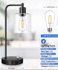 Two Pack Fully Stepless Dimmable Industrial Table Lamps With USB Ports And AC Outlet Seeded Glass Bedside Desk Lamps display
