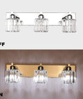 Crystal Vanity Light Fixture For Bathroom Modern Wall Mount Over Mirror Three Light Bar With Dimmable Function off and on view