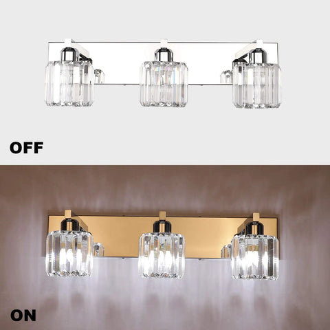 Crystal Vanity Light Fixture For Bathroom Modern Wall Mount Over Mirror Three Light Bar With Dimmable Function off and on view