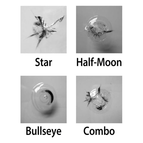 Windshield Saver Repair Kit For DIY Chip And Star Fix On Laminated Windshields, various chip types: star, half-moon, bullseye, combo