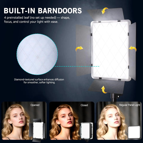 Built-in barn doors on Two Pack RGB Video Lighting Kit With 40W Output And 360 Degree Full Color Range From 2700K To 6500K
