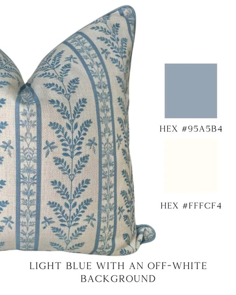 Blue Floral Block Print Pillow Cover With Off White Background, Cozy Throw Pillow Cover For Sofa Or Bed, Grandmillennial Style With Leaf Detail, Subtle Blue Grey Piping, Durable Upholstery Fabric, 20x20 light blue floral pillow cover with off-white background