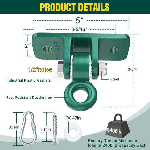 Heavy Duty Swing Set Brackets Bundle With Two A Frame Brackets Four Swing Hangers And Two Seats All Mounting Hardware Included Green Durable Porch Yard Playground Swing Kit product details showing dimensions and materials