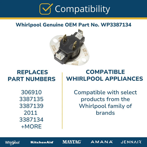 Whirlpool Genuine OEM Dryer Cycling Thermostat Replacement Part WP3387134 compatibility chart