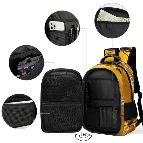 Golden Floral Bee Printed Unisex Backpack with large capacity and multiple compartments shown open, highlighting interior pockets.
