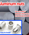 Aluminum M6 rivet nuts and raw material highlighted for rustproof property and ease of installation.