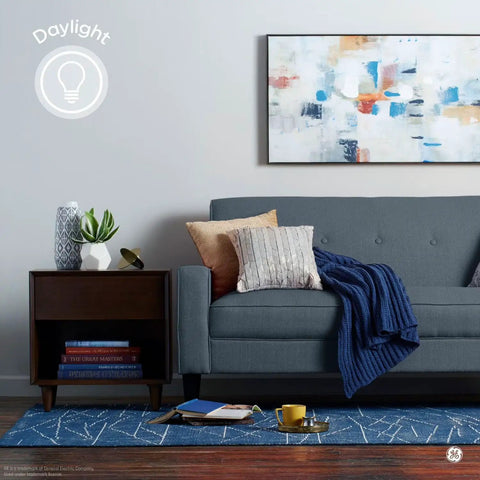 Living room with cool white 5000K lighting from Daylight LED 60W Equivalent A19 General Purpose Light Bulbs, 12 Pack, 800 Lumens, 10W