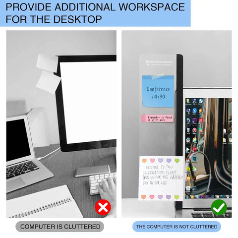Transparent Monitor Memo Board Set, 2 Pack Slick Acrylic Side Panels installed on desktop monitor with adhesive notes