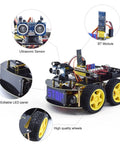 4WD Arduino Compatible Smart Car Kit For DIY Makers, Dual Programming Modes With Graphical Mixly And Arduino Code, STEM Robotics Project For Teens And Adults, Uno R3 Compatible Educational Coding Kit, 4-wheel robot with ultrasonic sensor and BT module