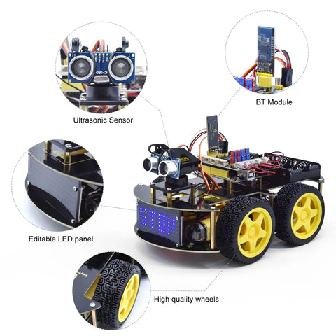 4WD Arduino Compatible Smart Car Kit For DIY Makers, Dual Programming Modes With Graphical Mixly And Arduino Code, STEM Robotics Project For Teens And Adults, Uno R3 Compatible Educational Coding Kit, 4-wheel robot with ultrasonic sensor and BT module